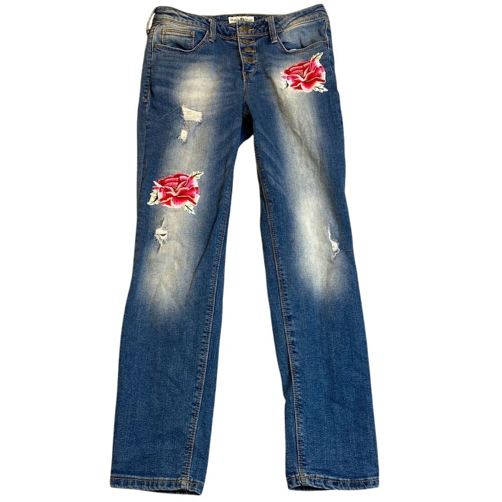 Black Daisy Womens Embroidered Jeans 3/26 Jamie Relaxed Skinny Blue Floral Denim